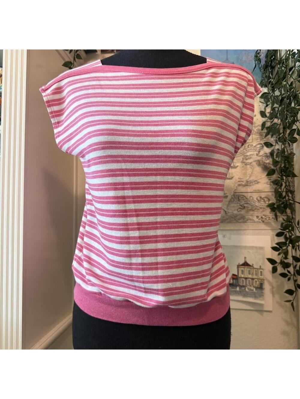 Gotham Pink White Striped Boat Neck Y2K Short Sleeve Top